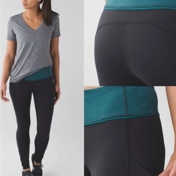 LULULEMON Rebel Green Navy Blue Stripe Luxtreme Tights Ankle Zipper Legging 6 - Picture 1 of 16